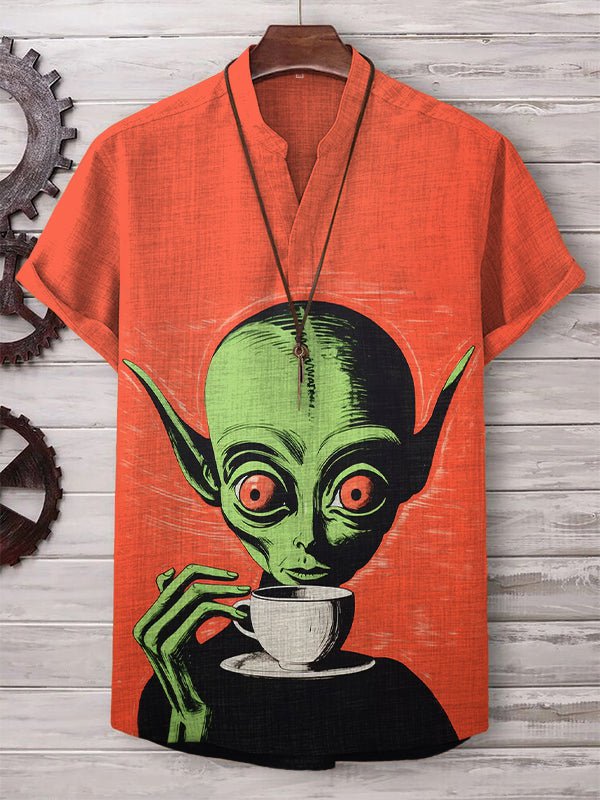 Men's Alien Drinking Coffee Print V Neck T-Shirt