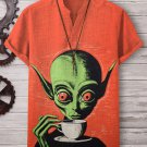 Men's Alien Drinking Coffee Print V Neck T-Shirt