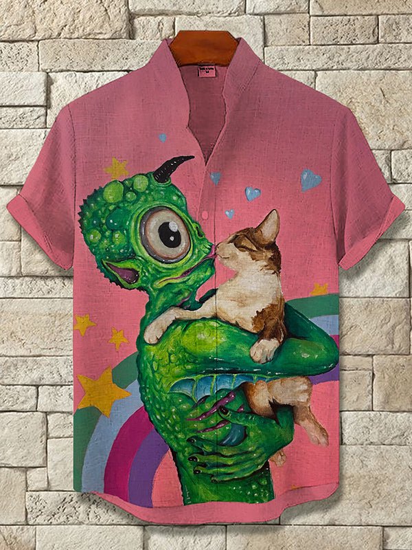 Men's Alien Holding A Cat Art Print Casual Shirt