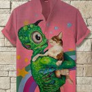 Men's Alien Holding A Cat Art Print Casual Shirt