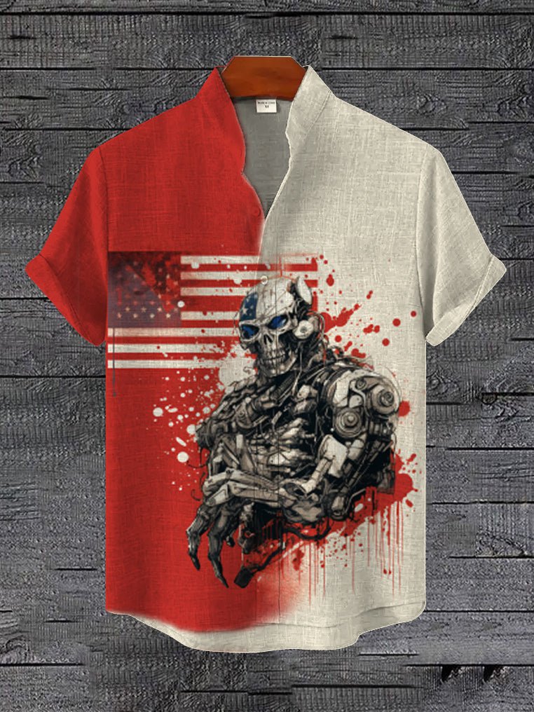 Men's American Flag Mechanical Skull Print Linen Blend Shirt