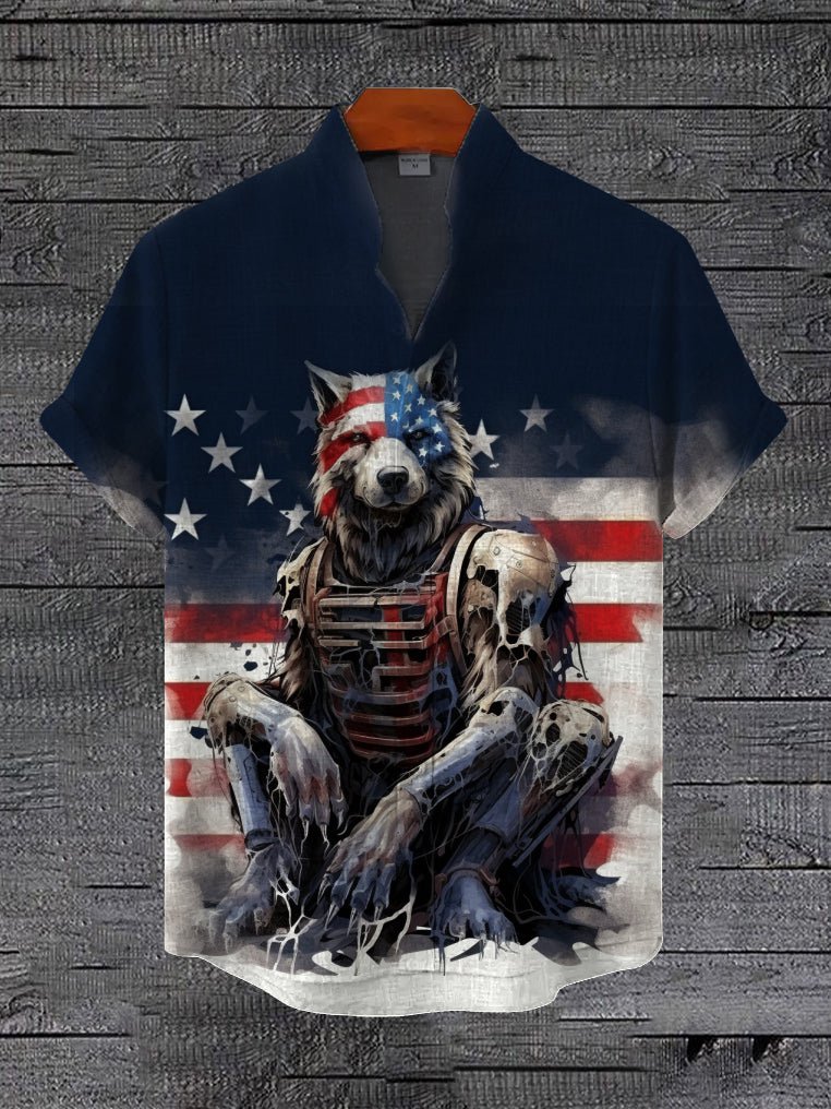 Men's American Mechanical Wolf Art Print Linen Blend Shirt