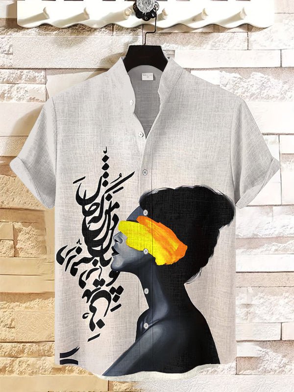 Men's Arabic Calligraphy Pattern Girl Print Casual Shirt