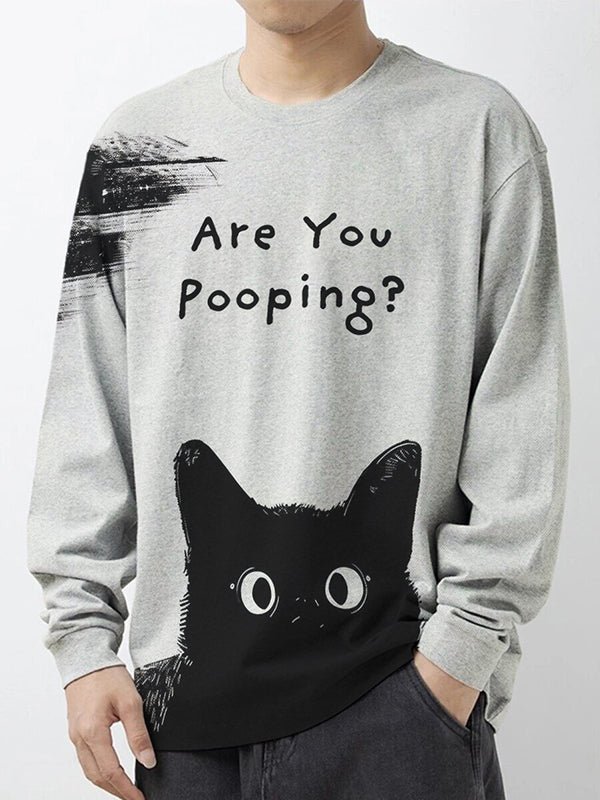 Men's Are You Pooping Black Cat Graphic Print Long Sleeve T-Shirt