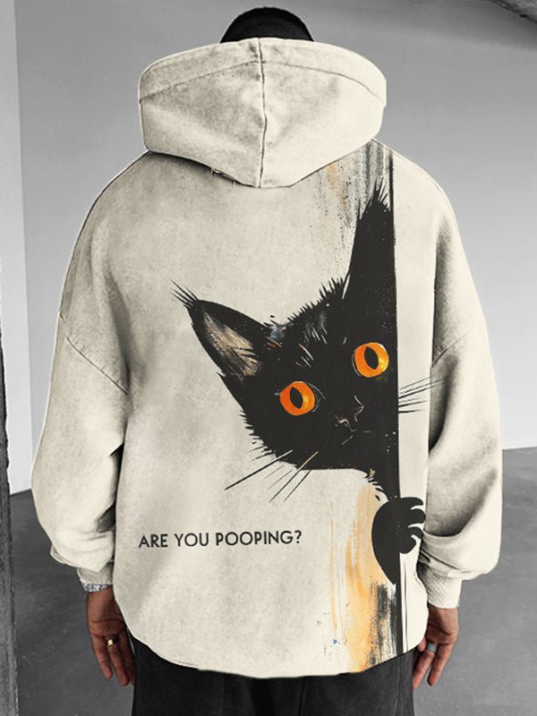 Men's Are You Pooping Black Cat Peeping Graphic Print Hooded Sweatshirt