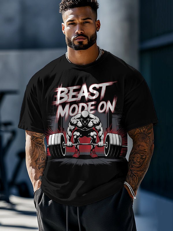 Men's Beast Mode On Weightlifting Print Drop Shoulder Casual T-Shirt