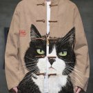 Men's Bicolor Cat Art Print Long Sleeve Knot Button Shirt