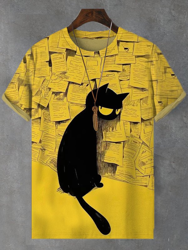 Men's Big Eyed Black Cat Graphic Print Casual T-Shirt