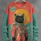 Men's Black Cat Astronaut Color Block Art Print Knit Sweatshirt