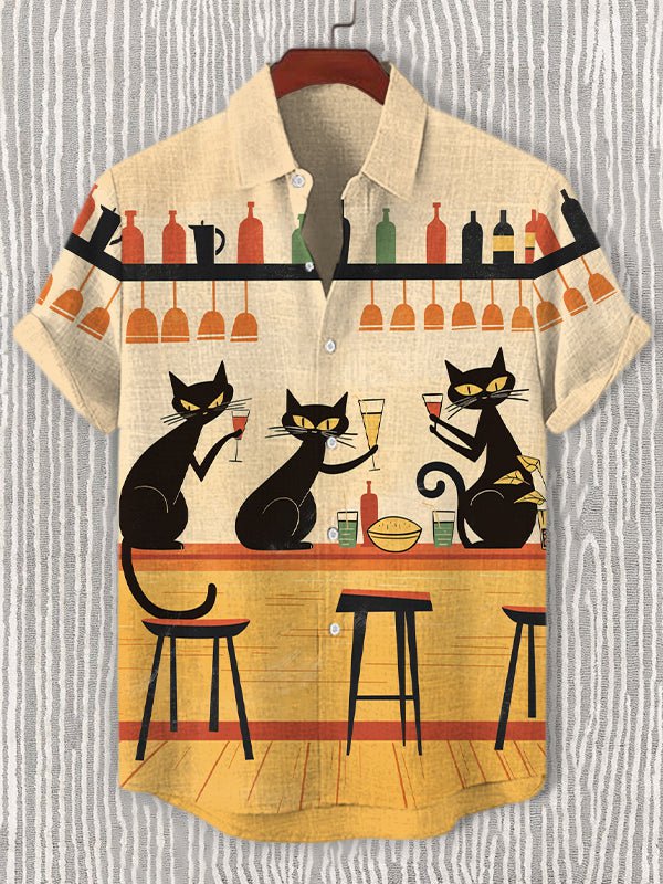 Men's Black Cat Bar Art Print Linen Blend Shirt