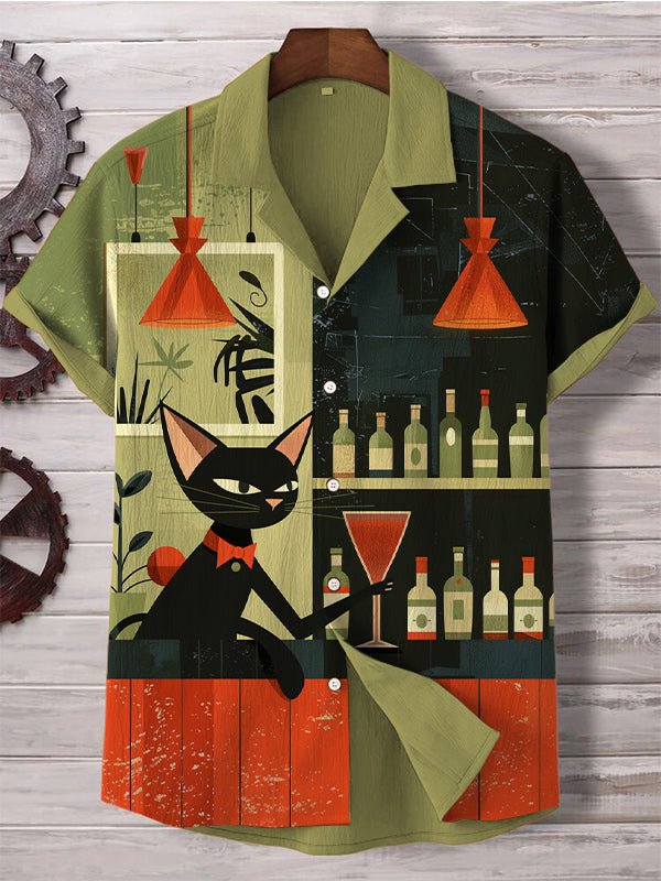 Men's Black Cat Bartender Cocktail Art Print Linen Blend Shirt
