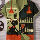 Men's Black Cat Bartender Cocktail Art Print Linen Blend Shirt