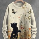 Men's Black Cat Butterfly Wildflowers Art Print Knit Sweatshirt