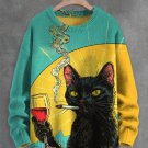 Men's Black Cat Enjoying Red Wine and Smoke Print Knit Sweatshirt