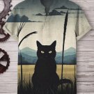 Men's Black Cat Grassland Landscape Art Print Linen Blend V Neck T-Shirt