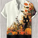 Men's Black Cat In Pumpkin And Flower Field Art Print Casual Shirt