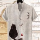 Men's Black Cat Japanese Art Print Linen Blend Shirt