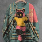 Men's Black Cat Jogging Art Print Knit Sweatshirt