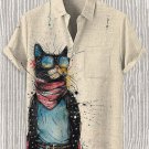 Men's Black Cat Patriot Watercolor Art Print Linen Blend Short Sleeve Shirt