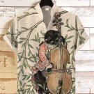 Men's Black Cat Playing Cello Elegant Botanical Art Print Linen Blend Shirt