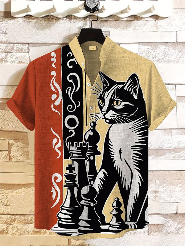 Men's Black Cat Playing Chess Print Casual Shirt