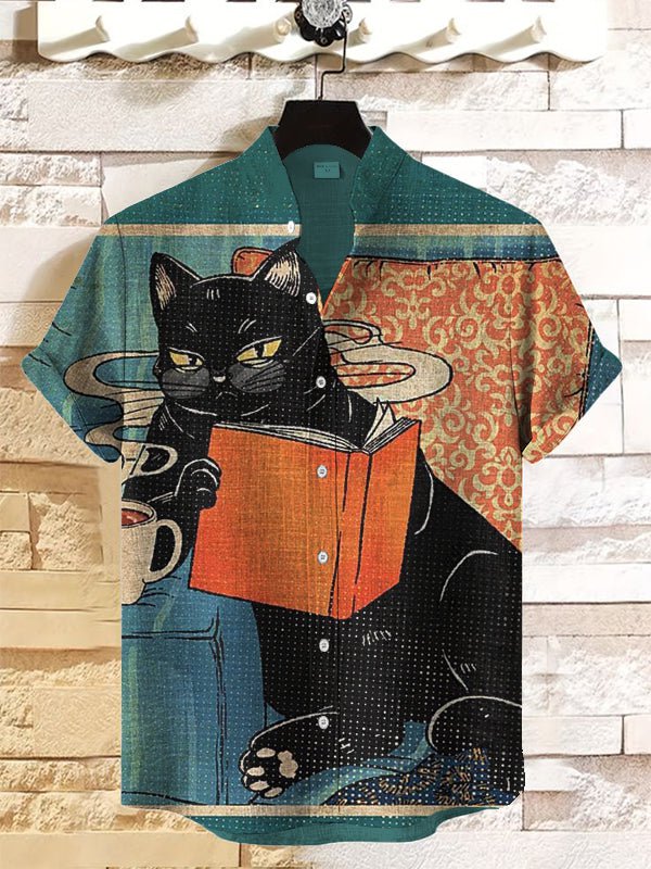 Men's Black Cat Reading Leisure Time Art Print Casual Shirt