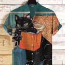 Men's Black Cat Reading Leisure Time Art Print Casual Shirt