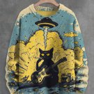 Men's Black Cat Smoking Guitar Explosion Art Print Knit Sweatshirt