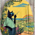 Men's Black Cat Smoking Rainbow Art Print Casual Sweatshirt