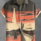 Men's Black Cat Waiting For UFO Retro Future Art Linen Blend Shirt