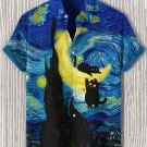 Men's Black Cats Starry Sky Art Print Casual Short Sleeve Shirt