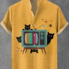 Men's Black Cats TV Illustration Print Short Sleeve Casual Shirt