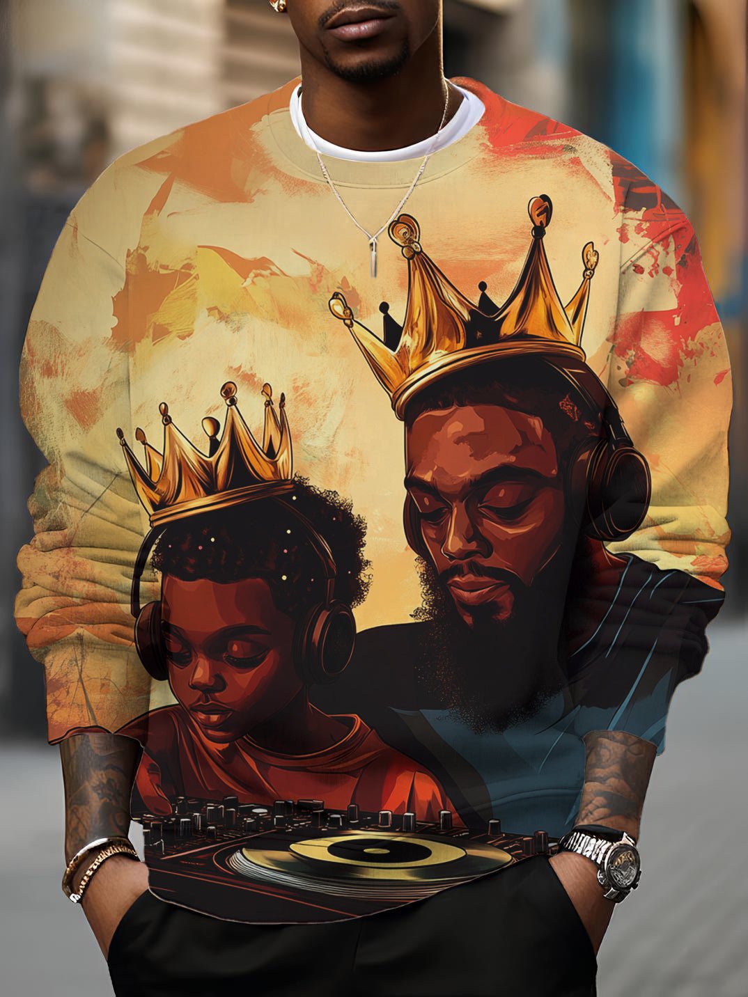 Men's Black King Father And Son Music DJ Print Casual Sweatshirt