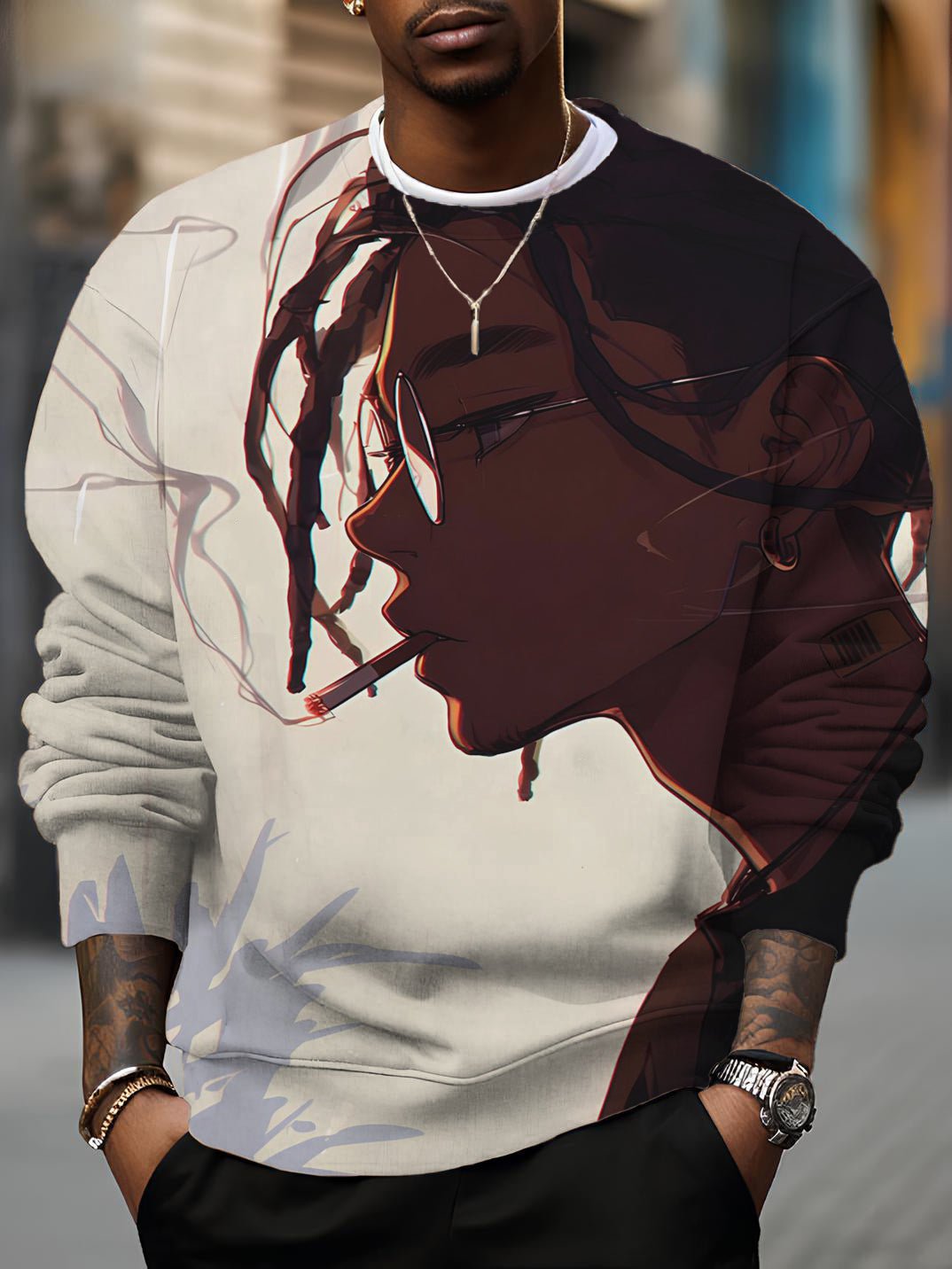Men's Black Man With Dreadlocks Smoking Print Casual Sweatshirt