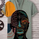 Men's Black Portrait Color Block Abstract Art Print Cotton And Linen V Neck T-Shirt