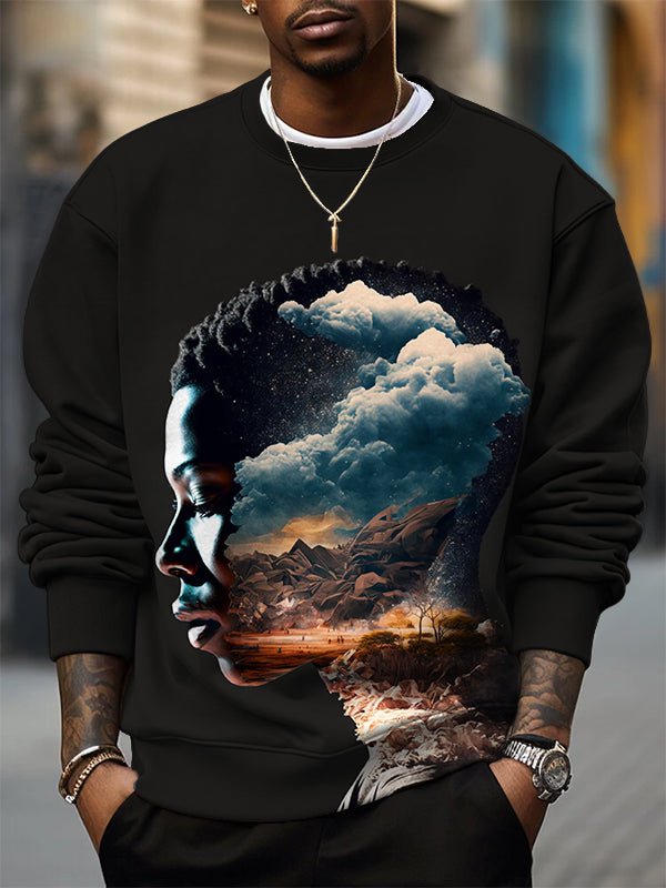 Men's Black Side Face Fantasy Landscape Art Print Casual Sweatshirt