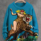 Men's Blonde Girl And Tiger Art Print Knit Sweatshirt