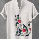 Men's Boho Floral Cat Embroidery Print Linen Blend Shirt