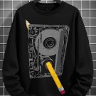 Men's Cassette Tape And Pencil Retro Art Print Cotton Long Sleeve T-Shirt Thin Sweatshirt