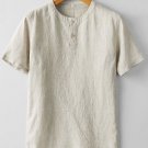Men's Casual Plain Button Round Neck Short Sleeve Linen T-Shirt