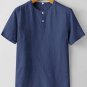 Men's Casual Plain Button Round Neck Short Sleeve Linen T-Shirt