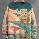 Men's Cat And Shark Fight Together Art Print Knit Sweatshirt