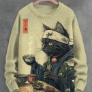 Men's Cat Drinking Tea Japanese Tea Ceremony Art Print Knit Sweatshirt