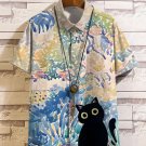 Men's Cat Garden Watercolor Art Print Casual Linen Blend Shirt