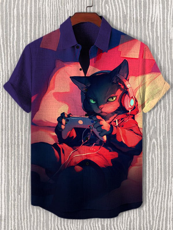 Men's Cat Playing Games In Bed Print Casual Shirt