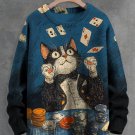 Men's Cat Playing Poker Cards Art Print Knit Sweatshirt
