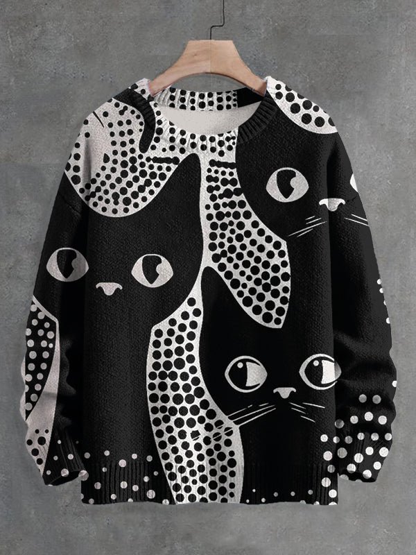 Men's Cat Polka Dot Art Print Knit Sweatshirt