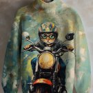 Men's Cat Riding Motorcycle Oil Painting Print High Neck Knit Sweatshirt