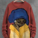 Men's Cat With A Pearl Earring Art Print Knit Sweatshirt