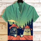 Men's Cats Chilling In Nature With Coffee Print Linen Blend Shirt